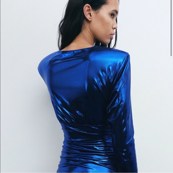 NWT ZARA LAMINATED BLUE DRAPED DRESS - Picture 10 of 14